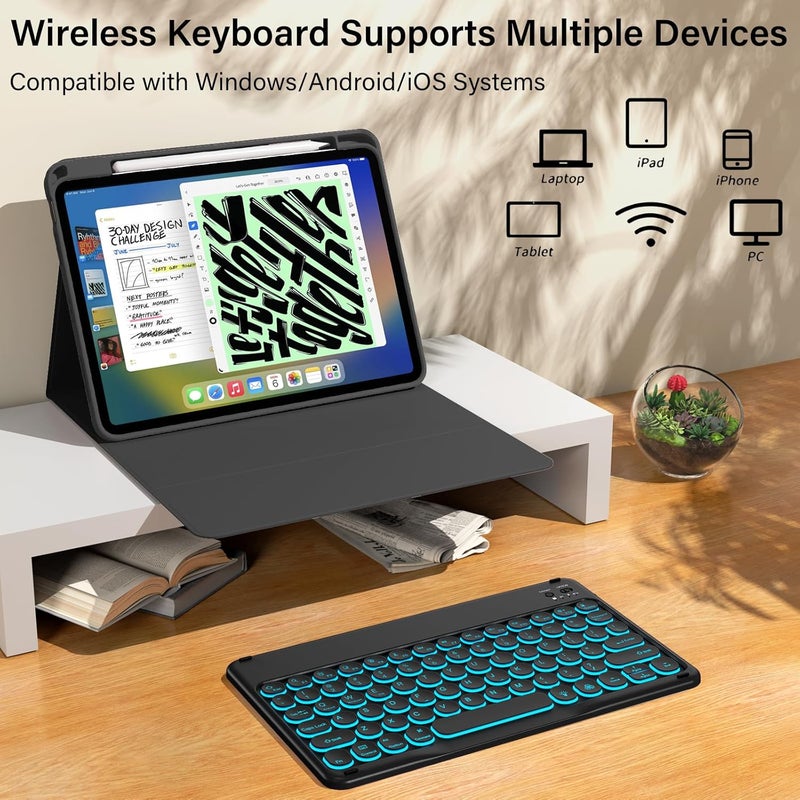 kenke for iPad 11/10th Gen Case with Keyboard 11/10.9 inch 2025 A16/2022, Detachable Wireless Upgrade 1 Step BT Connection with Right Side Pencil Holder, Backlit Black Round Keycaps (Black - Image 5